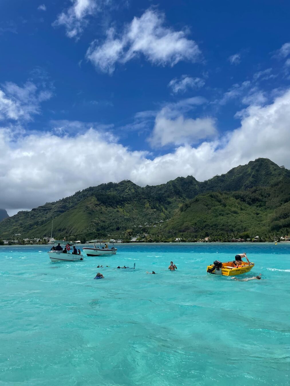 Vue sur le lagon de Moorea avec du monde dans l'eau